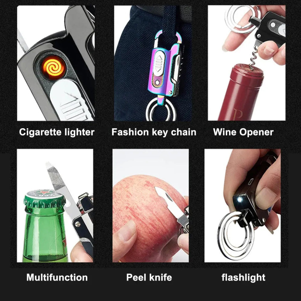 Multi-Tool Carabiner Keychain with Electric Lighter and Flashlight