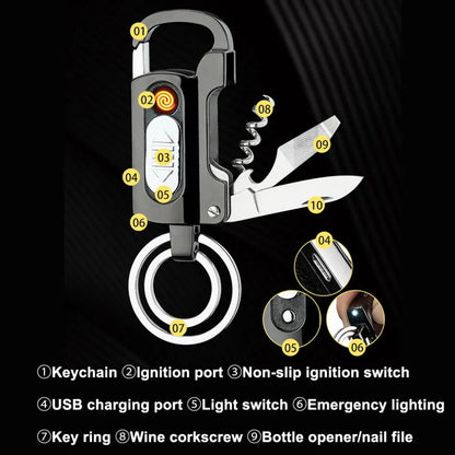 Multi-Tool Carabiner Keychain with Electric Lighter and Flashlight